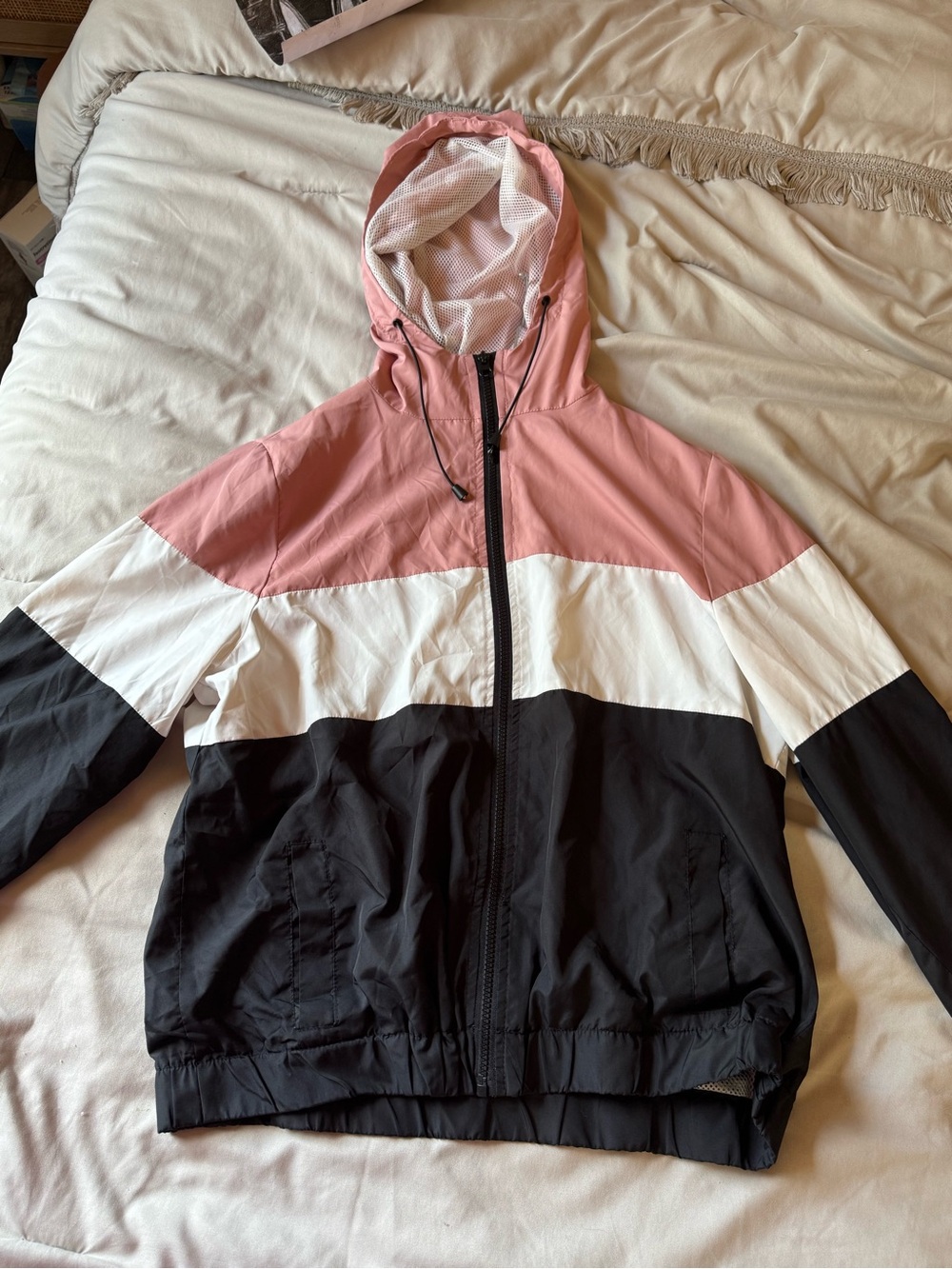 Colorblock Hooded Windbreaker Jacket - Pink, White, Black
